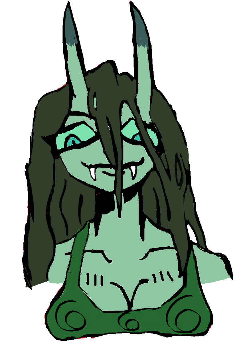 a light green demon girl with two horns and a shirt that has 666 on it